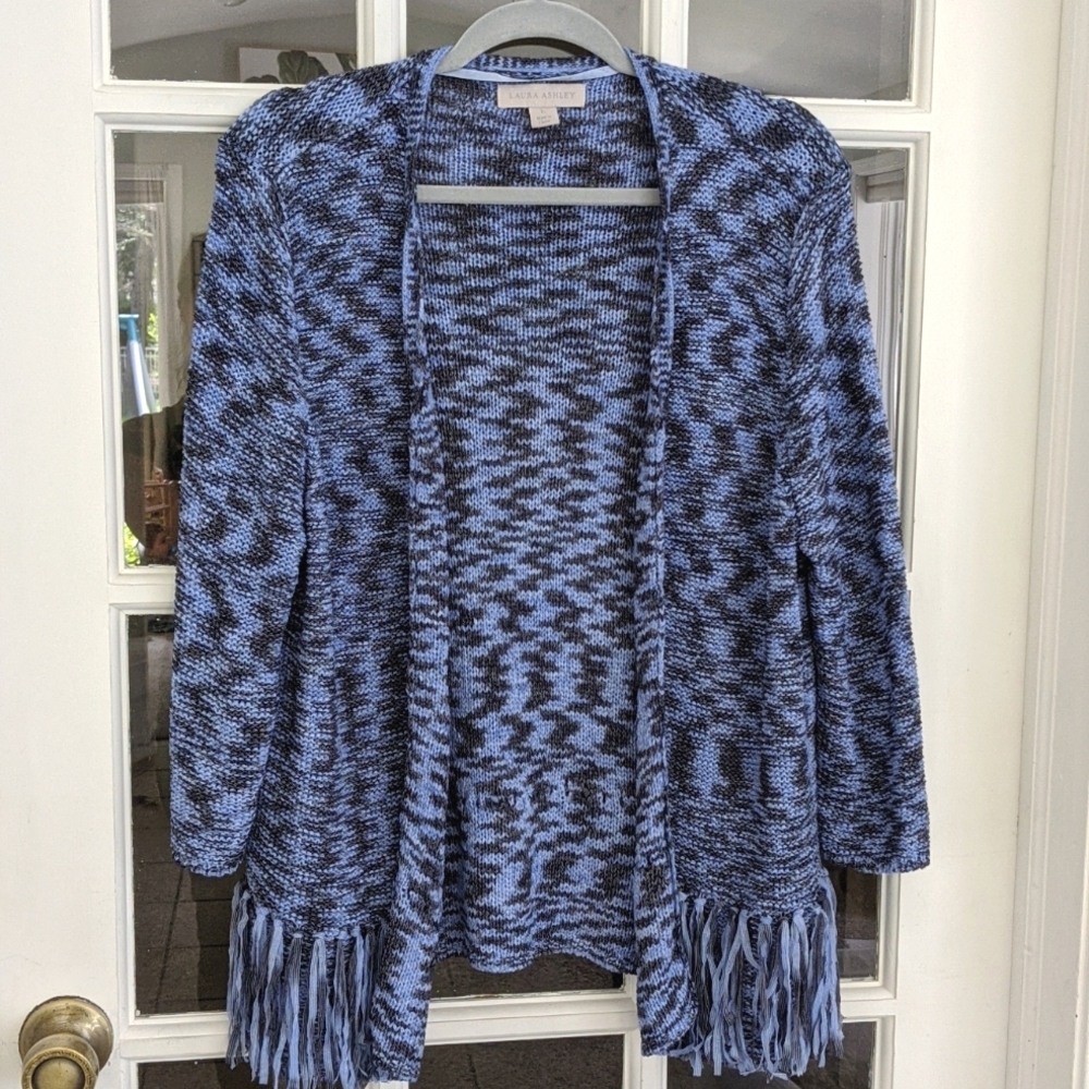 Women's Large Laura Ashley Blue Black Cardigan Sweater Hook Eye Closure Fringe